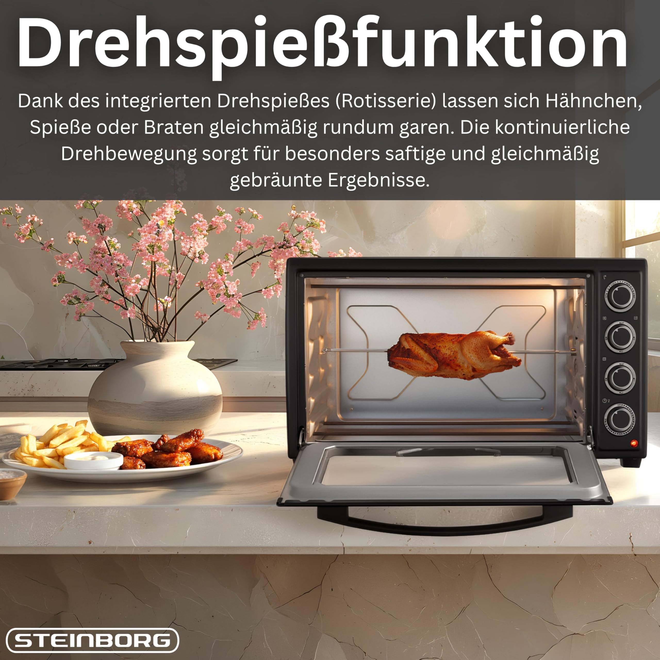 Steinborg® Mini Backofen 60 Liter mit Umluft & Drehspieß, 2000W Tischbackofen groß XXL, 100–230°C, 60 Min Timer, Ober-/Unterhitze & Konvektion, Pizzaofen 3-in-1 inkl. Zubehör