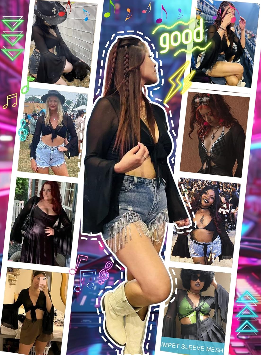 Rave Bell Mesh Crop Top for Women - EDC Festival Long Sleeve Tie Front Sheer Shirt Ruffle Fairycore Blouse Outfits - Image 7