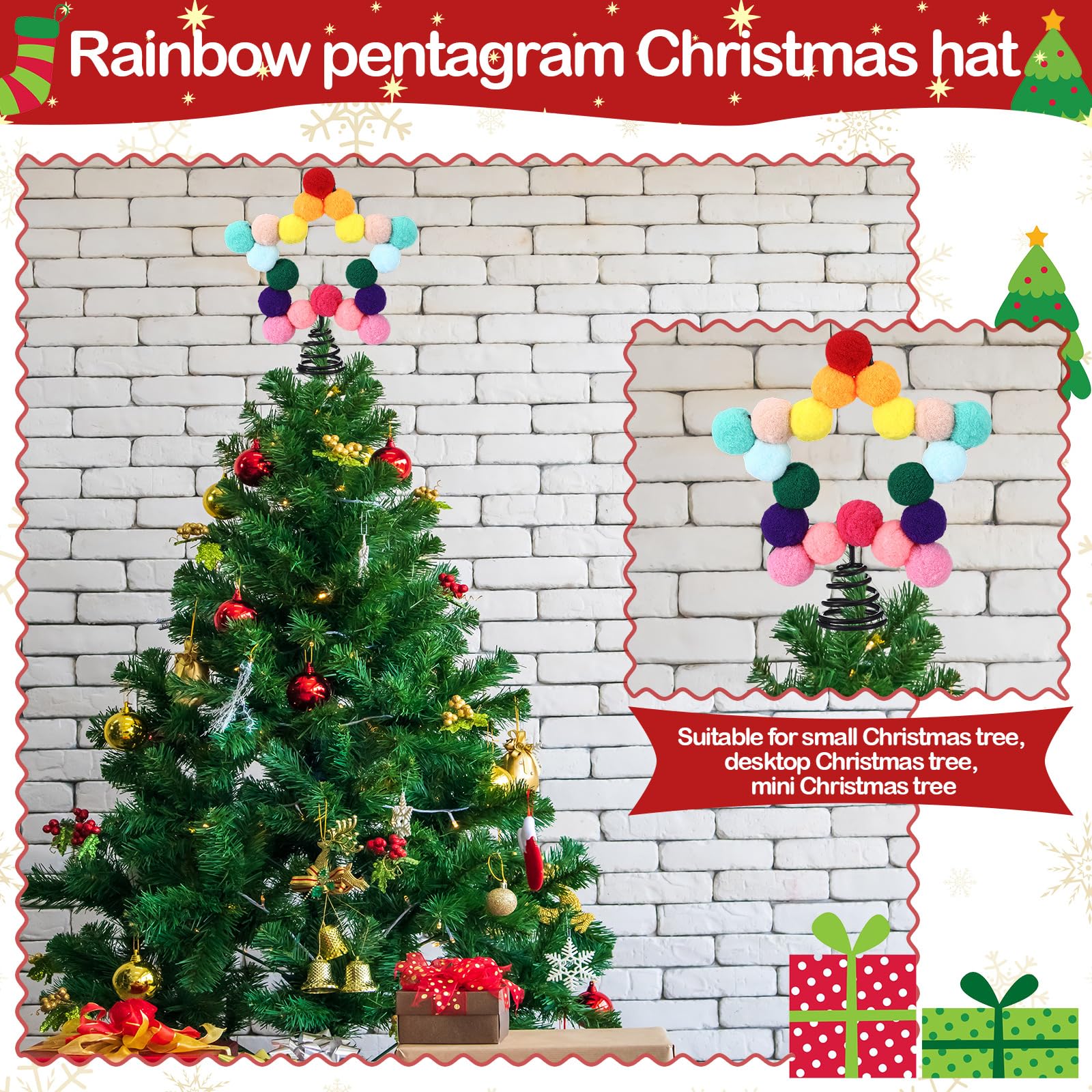 RoundFunny Regenbogen-Filzkugel-Stern, Weihnachtsbaumspitze, bunte Bommel, Filzkugel, Weihnachtsbaumspitze, bunt, fünfzackiger Stern, Weihnachtsdekoration zur Dekoration (12,9 x 15,9 cm)