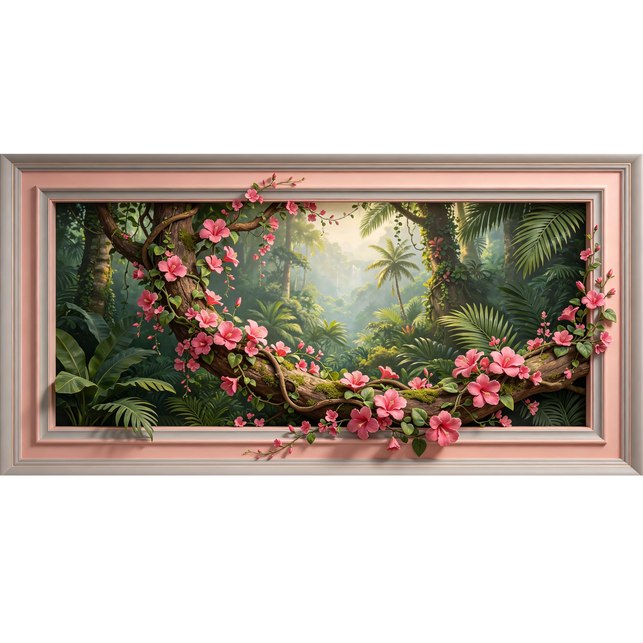Agglomerix 3D Framed Wall Art Pink Hibiscus Floral Jungle Tropical Vine Tree Forest Landscape Large Size Self-Adhesive Removable Wall Decor Prints Artwork for Living Room Bedroom Office