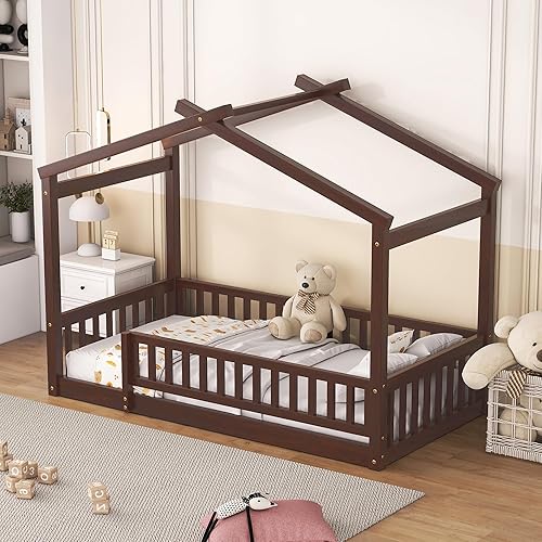 Miniatura 66 de MERITLINE Cama de casa completa para niños, marco de cama Montessori con rieles y techo, no necesita somier, para niños, adolescentes, niñas y niños