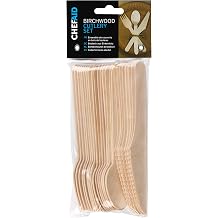Chef Aid Wooden Cutlery 24 Piece Set - Forks, Knives and Spoons, Sustainable Birchwood Cutlery for Picnics, Parties, Weddings, and More - Biodegradable and Compostable, Sturdy, Durable, Chemical-Free
