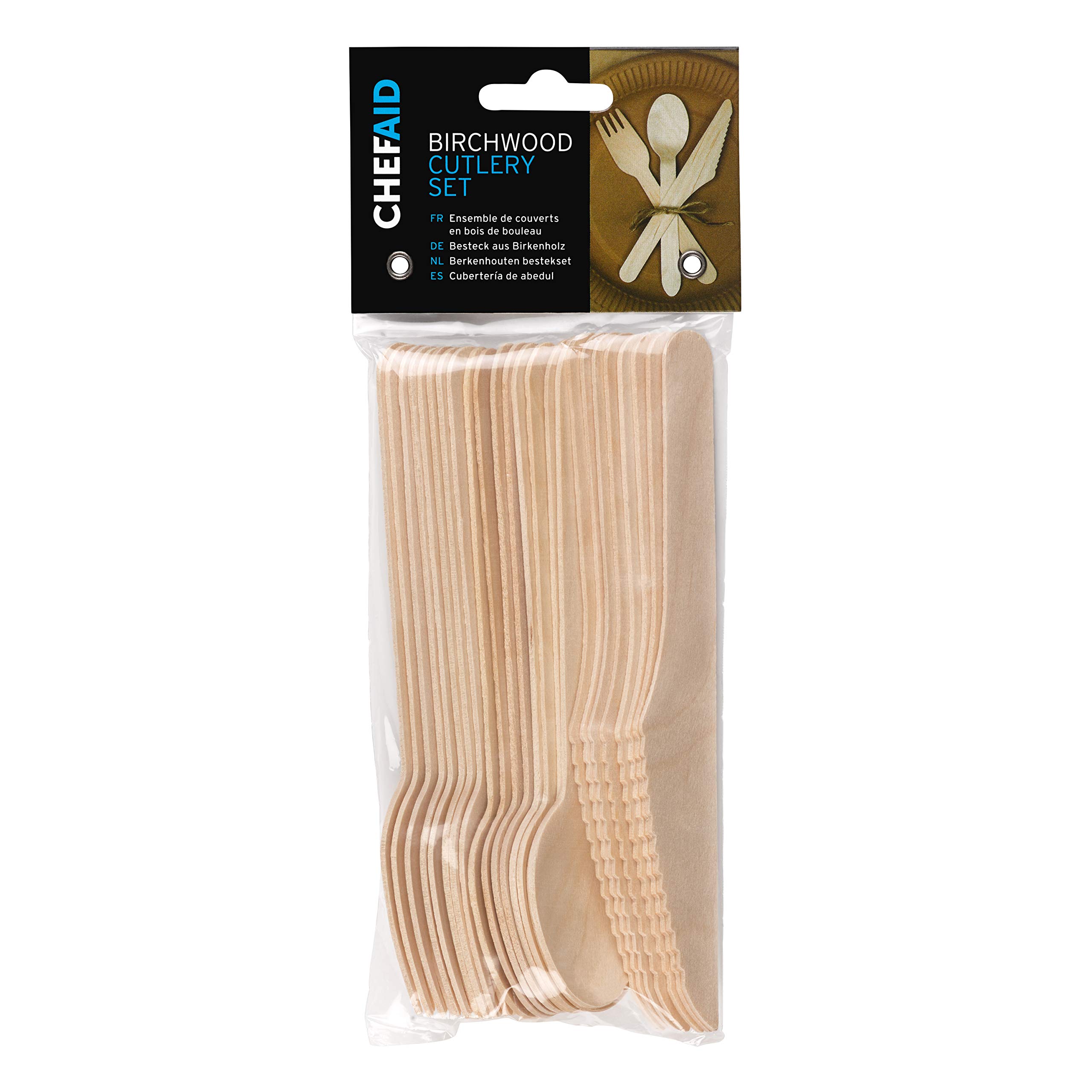 Chef Aid Wooden Cutlery 24 Piece Set - Forks, Knives and Spoons, Sustainable Birchwood Cutlery for Picnics, Parties, Weddings, and More - Biodegradable and Compostable, Sturdy, Durable, Chemical-Free