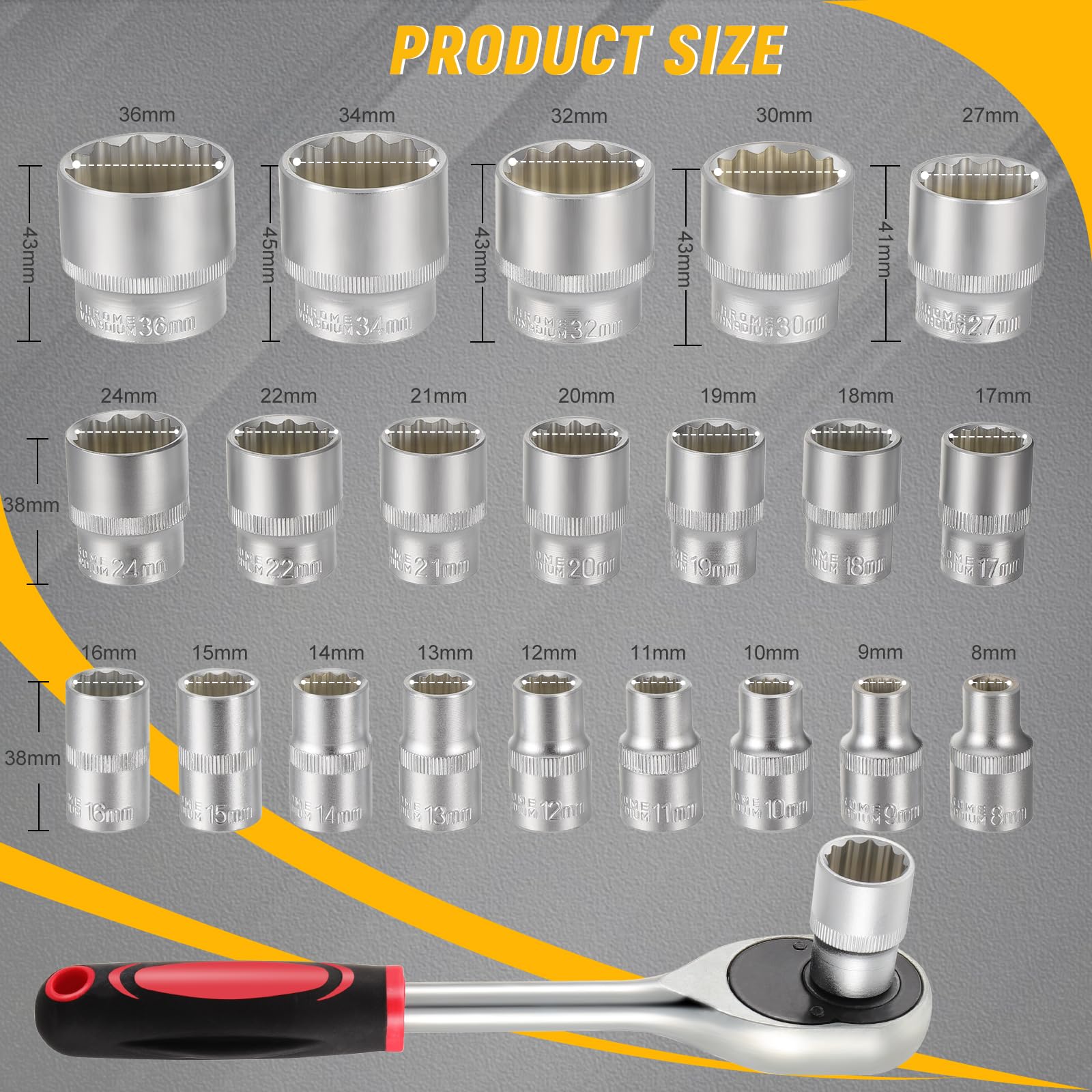Gueenky 21 Piece Multi-Tooth Socket Set, 8-36 mm Torx Female Sockets 1/2 Inch 12 and 6 Point Profile, Multi-Socket Wrench Set CR-V - Image 2