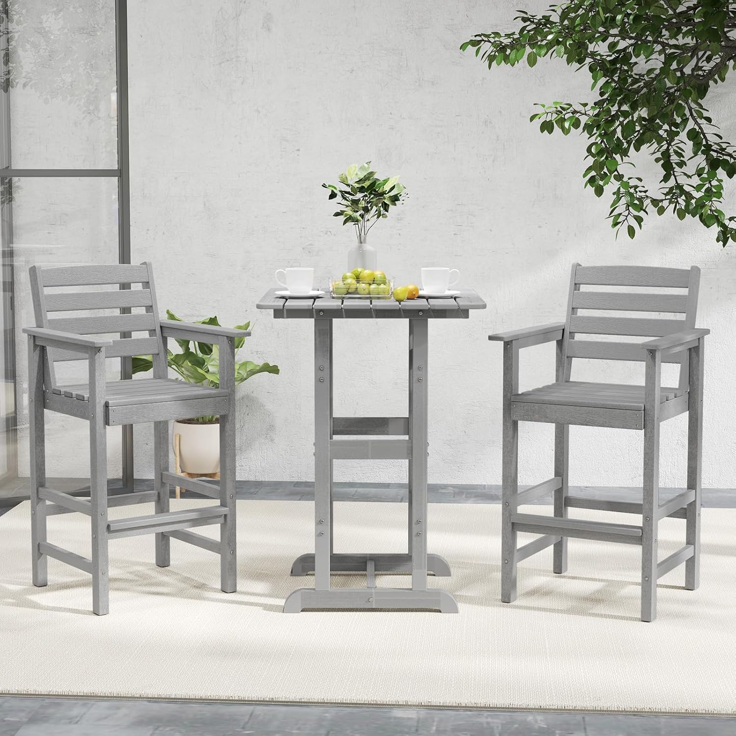 Tangkula Patio Adirondack Chairs Set of 2, HDPE Bar Height Chair with Wide Armrests & Footrest, Outdoor High-Top Slatted Bar Chairs with Backrest for Backyard, Lawn, Poolside (Grey)