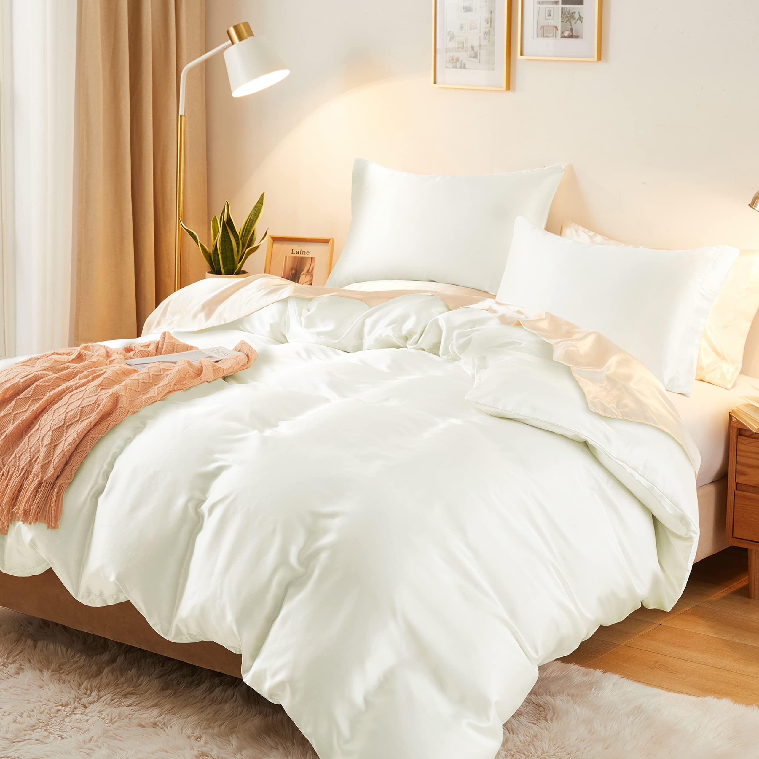 Vonty 3-Piece Silky Satin Duvet Cover Set Full/Queen Size Duvet Cover, Organic Natural 400TC Ivory White Duvet Cover Set - Luxury & Sexy Bedding Duvet Covers with Zipper Closure(No Comforter)