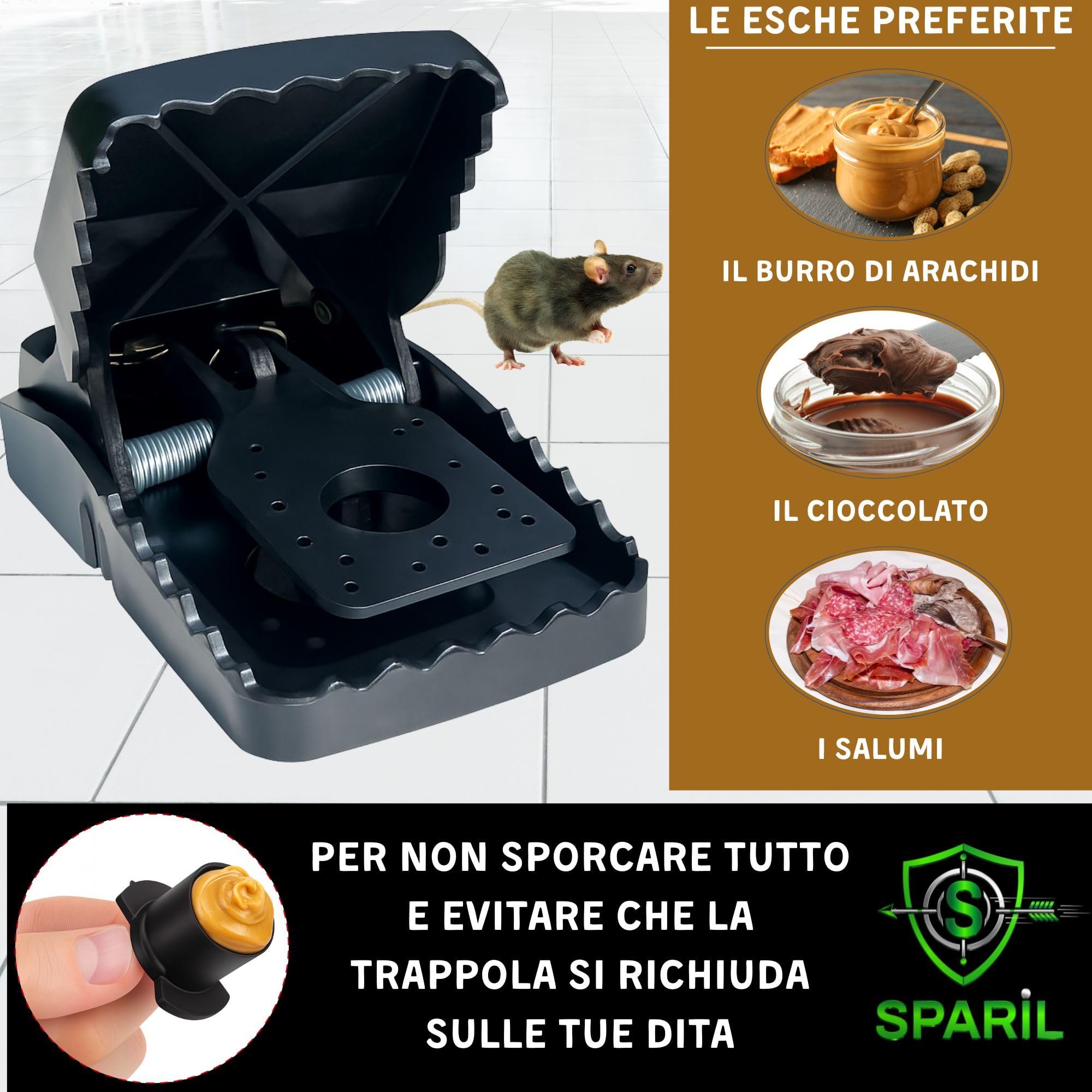 Trappola per Topi Grandi XXL 21cm SPARIL. Kit 2 Trappole a Scatto per Ratti Riutilizzabili Senza Veleno. Guanti e Ebook in Omaggio. Per Cantina, Garage ed Esterno