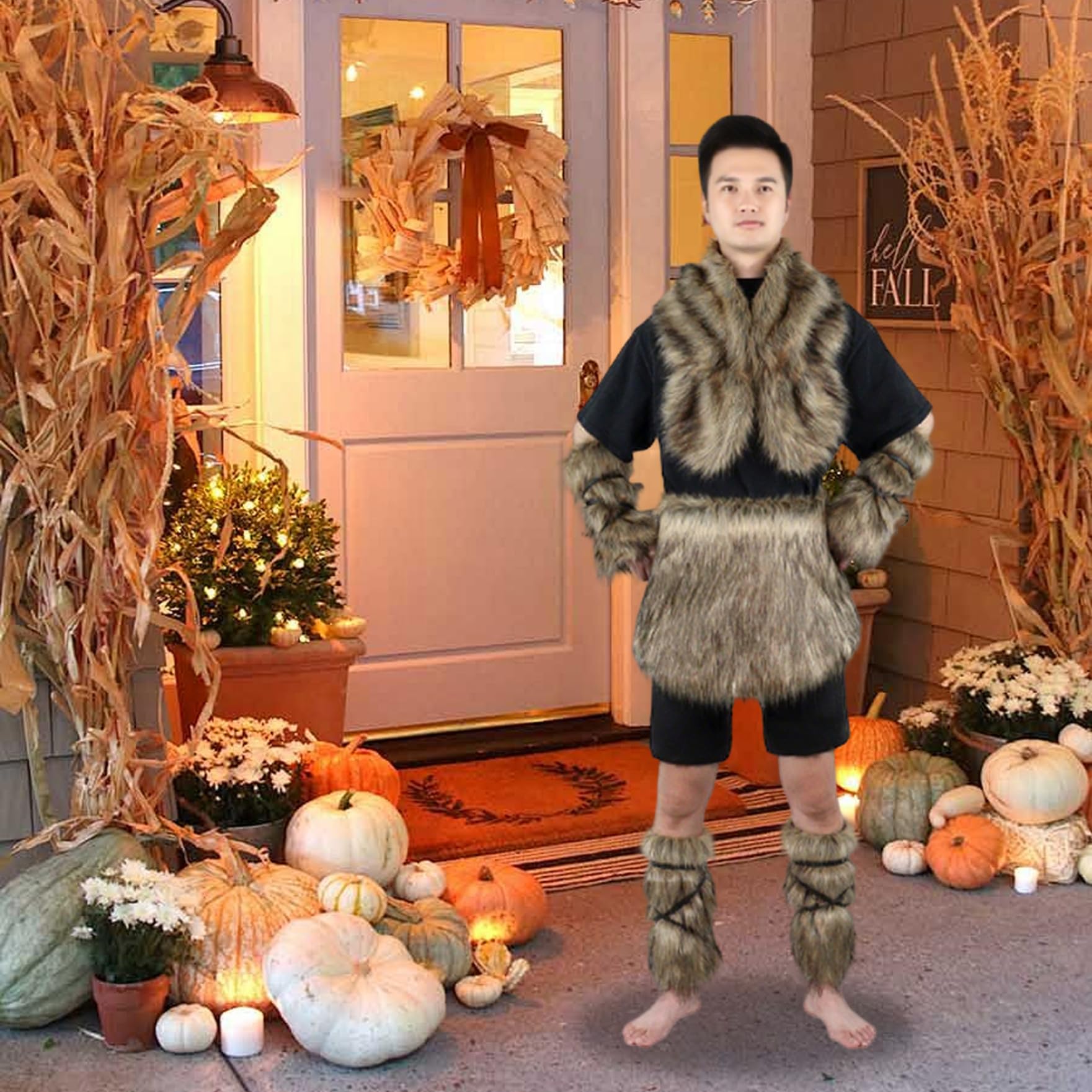 4 pièces/Ensemble Costume Viking pour Hommes, Costume de Barbare Chaud en Fausse Fourrure Comprenant Une Jupe à la Taille, Un Brassard, Une Cape châle, des Couvre-Bottes pour fête Cosplay