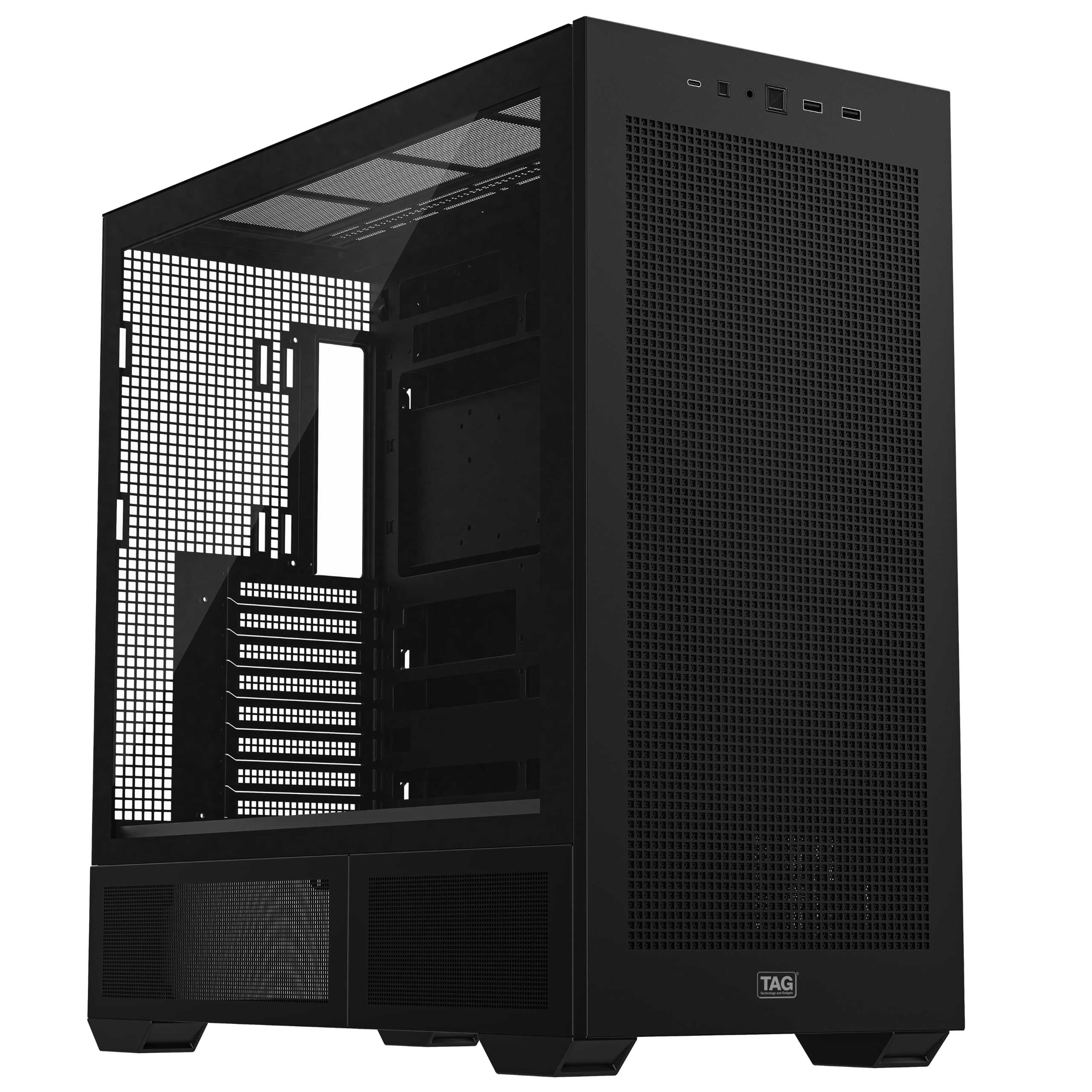 tag apex x5 full-tower workstation pc case front mesh cabinet, upto e-atx & reverse-connection motherboard support, upto 10x 140mm fans, 420mm radiator support, 8x hdd bays, 3x rtx gpu support, type-c