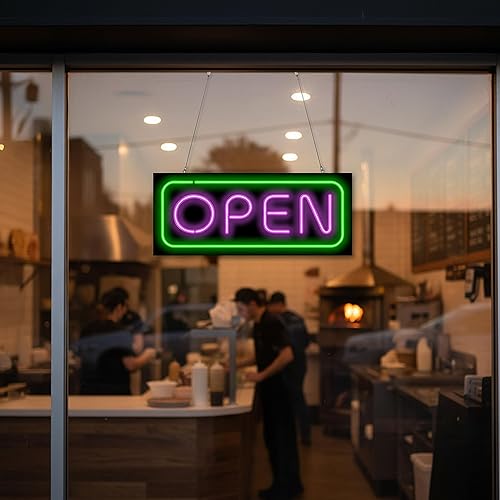 Miniatura 2 de Letrero abierto de neón de lujo, 32 pulgadas de ancho x 13 pulgadas de alto, letras moradas con un borde exterior verde, neón real y de calidad