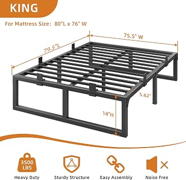 King Size Bed Frame, 14 Inch Metal Platform Bed Frames with Squeak Free U-Slot Design, 6 Non-Slip Guards, 3500lbs Heavy Duty Steel Slat Support, No Box Spring Needed, Under Bed Storage, Black