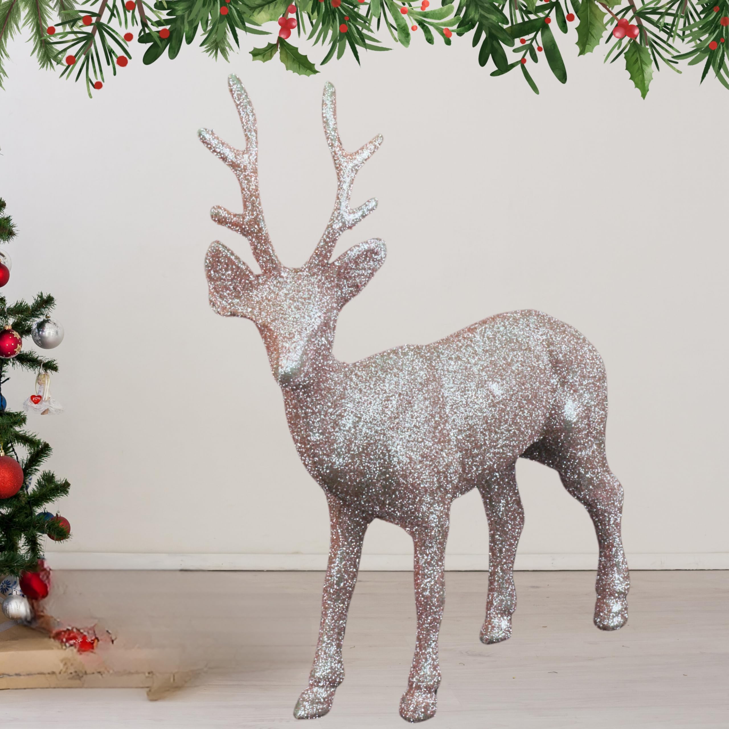 Hovuk Rosegold Glitter Christmas Reindeer Decoration Figurines, 17Cm Standing Stag Ornament For Christmas Table Decoration And Gift Bags