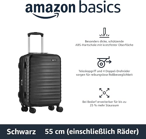 Amazon Basics Valise Rigide Petite - Bagage à Main Extensible ABS avec 4 Roulettes Doubles Pivotantes - Résistante aux Rayures et Légère - 55 x 37,5 x 25,5cm - Noir - 2