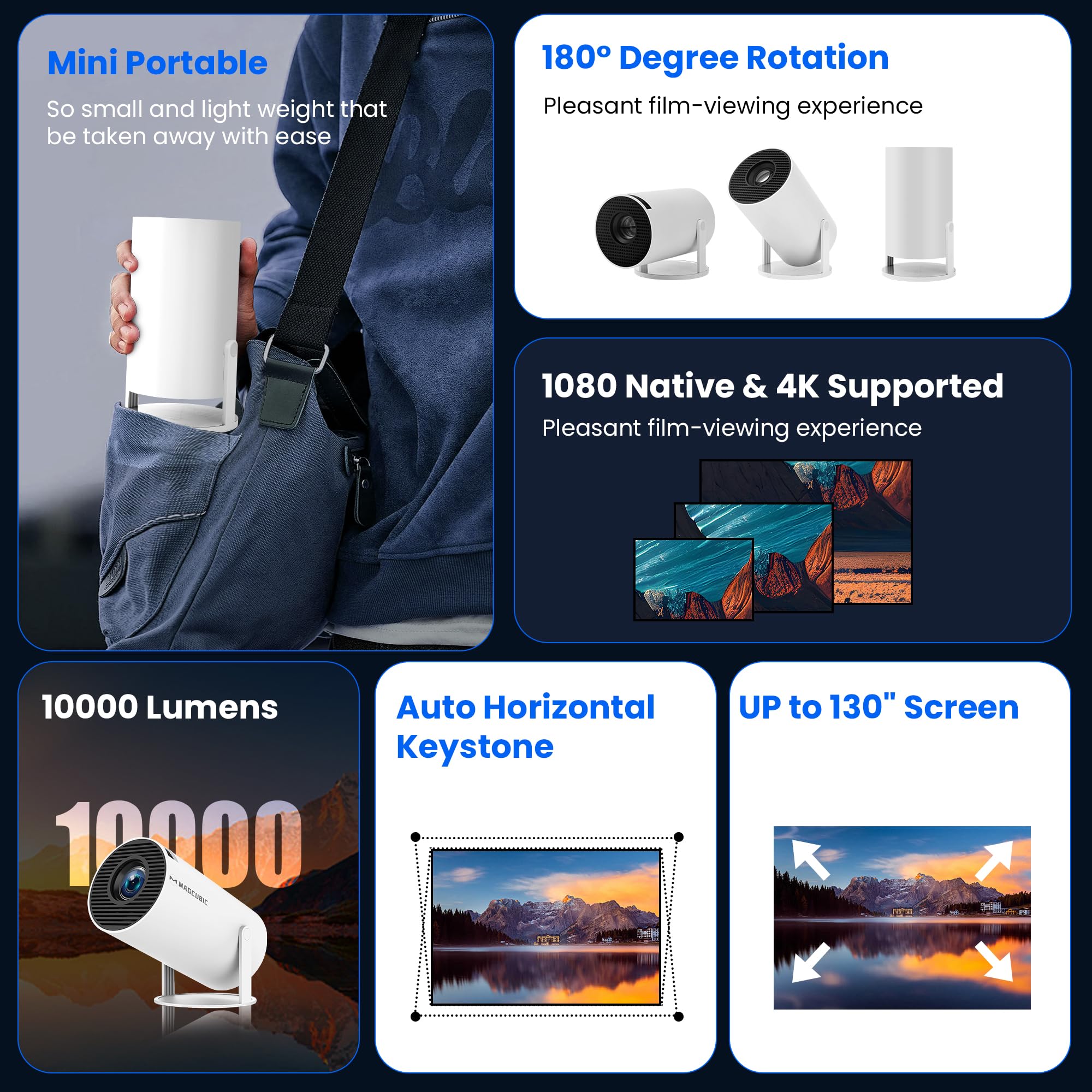 [Auto Keystone]HY300Pro Portable Mini Projector with Wi-Fi Bluetooth USB HDMI, Full HD 1080P 4K Support, Built-in Android Netflix & YouTube Ready, Home movie theater, Kids Gift,Phone & PC Mirroring