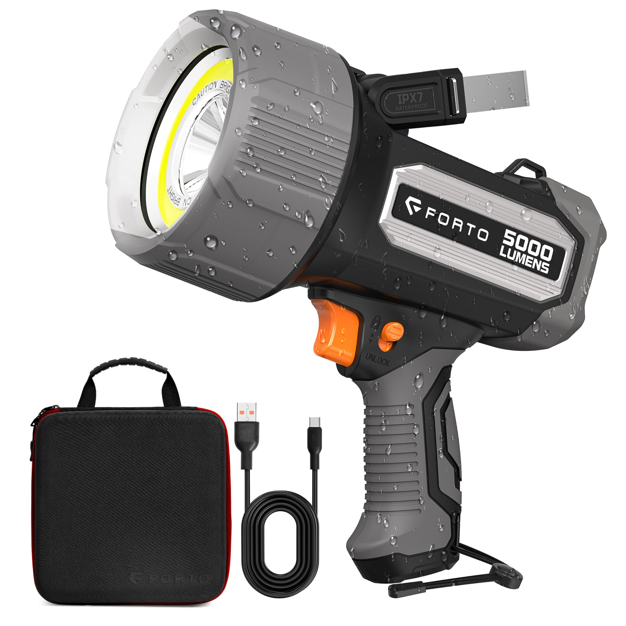 FORTO Rechargeable Spotlight 5000 Lumen Ultra Bright IPX7 Waterproof Spotlight, Boat Flashlight with EVA Carrying Case, 7 Light Modes Handheld