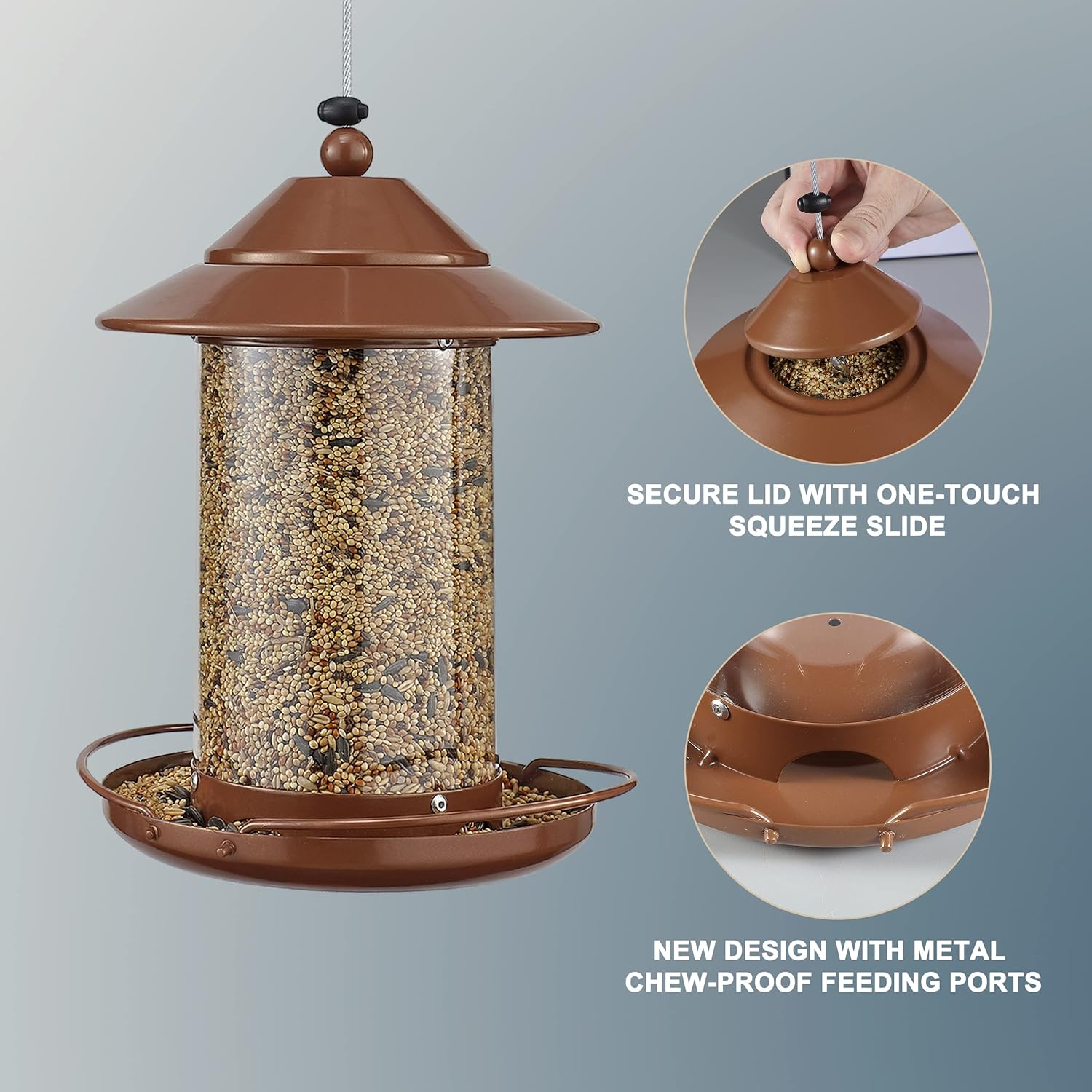 BirdCraft Tube Bird Feeder for Outdoor Hanging – Large 2 lb Seed Capacity Wild Bird Feeder with Dual Wrap-Around Perches, Metal Lid & Seed Tray for Garden Yard – Copper