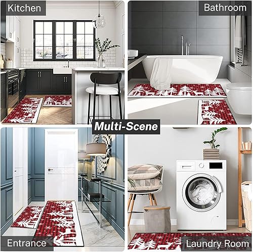 Miniatura 7 de Tayney Juego de 2 alfombras y tapetes de cocina de Navidad, antideslizantes, lavables, tapete de cocina de búfalo a cuadros, ciervos, alfombra de