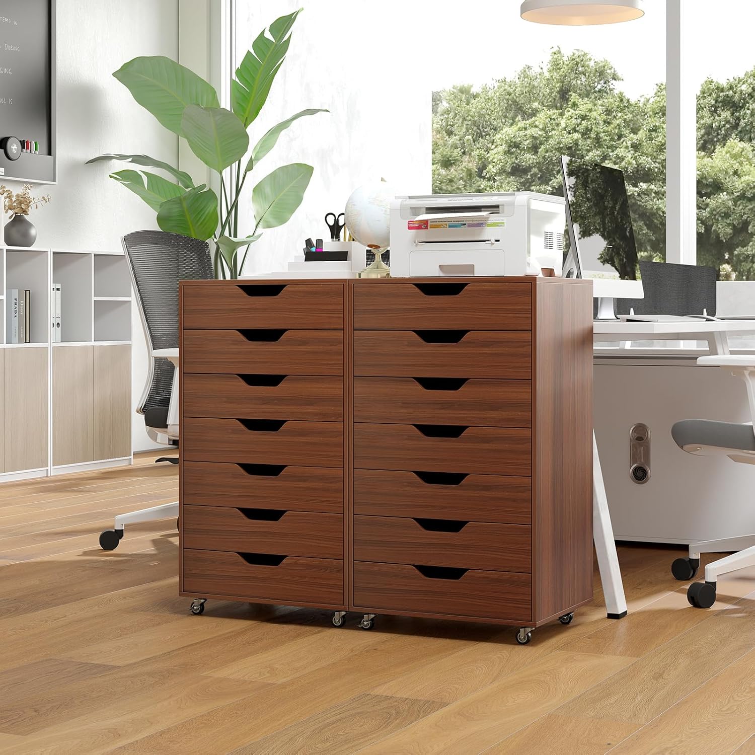 7 Drawers Filing Cabinet, Vertical File Cabinet for Home Office, Mobile Under Desk Office Storage Cabinets with Wheels (Walnut)