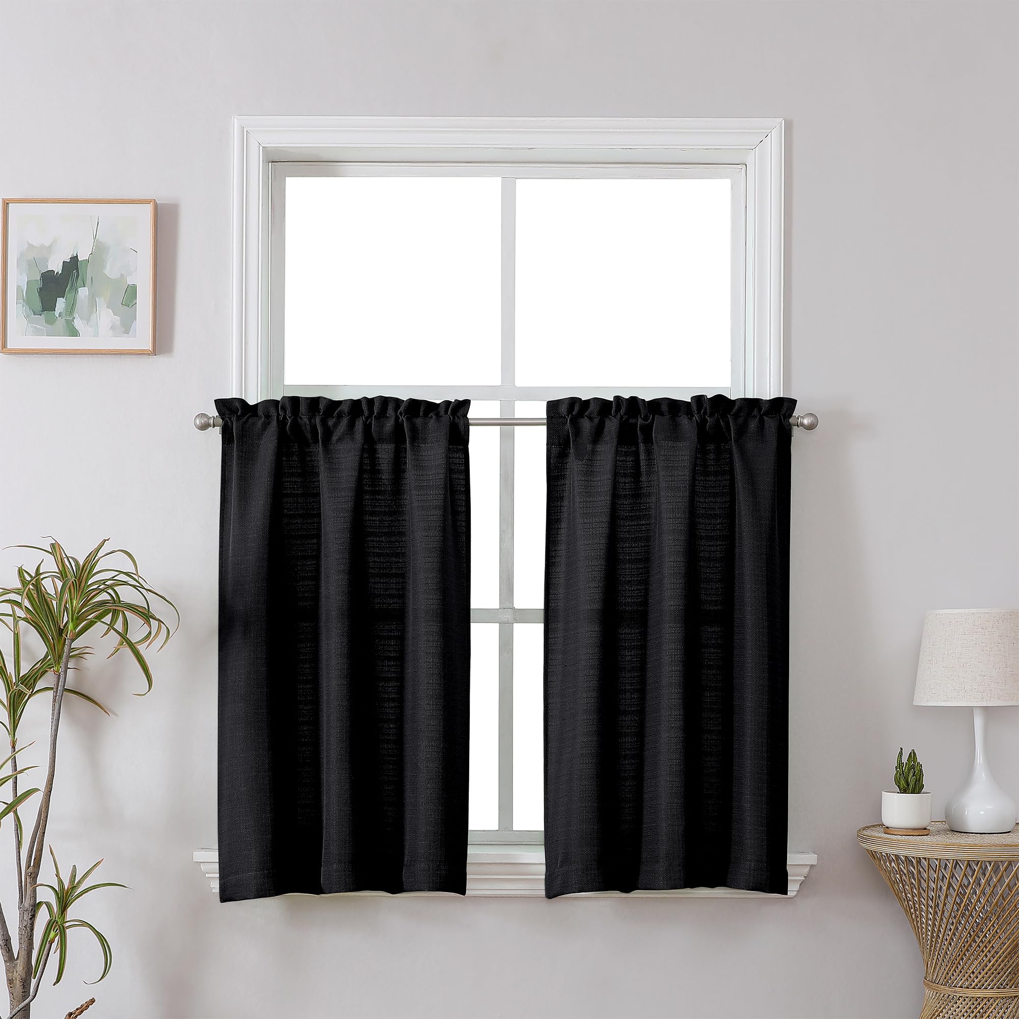 Chyhomenyc Black Curtains 30 Inch Length, Faux Linen Textured Small Cafe Curtains, Light Filtering Short Bathroom Curtains for Window, 30x30 Inch, 2PCS