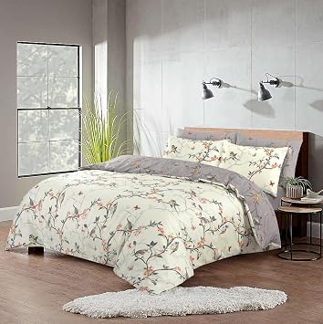 SeventhStitch Print Duvet Cover 100% Microfibre Silver Grey Floral Bedding Set 200 Thread Count Quilt Covers with Pillowcases Double King Super King Bed Size Caramel Flowers, Double