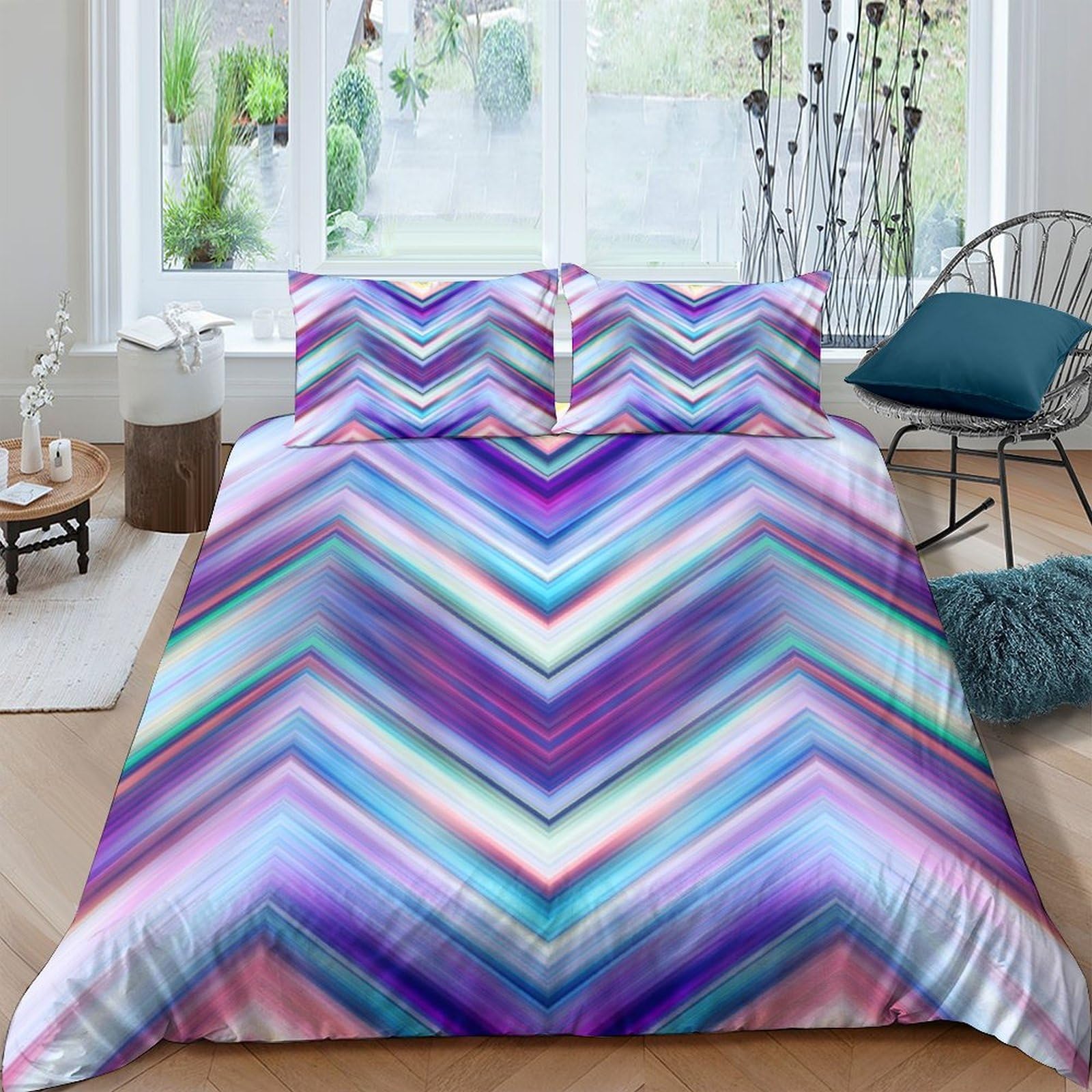 Ctjqhvkz Style-9 3D Printed Purple Chevron Fitted Sheet Microfiber Soft Anti-Slip Colorful Zigzag Mattress Cover Bedroom Decor Single（135X200cm）