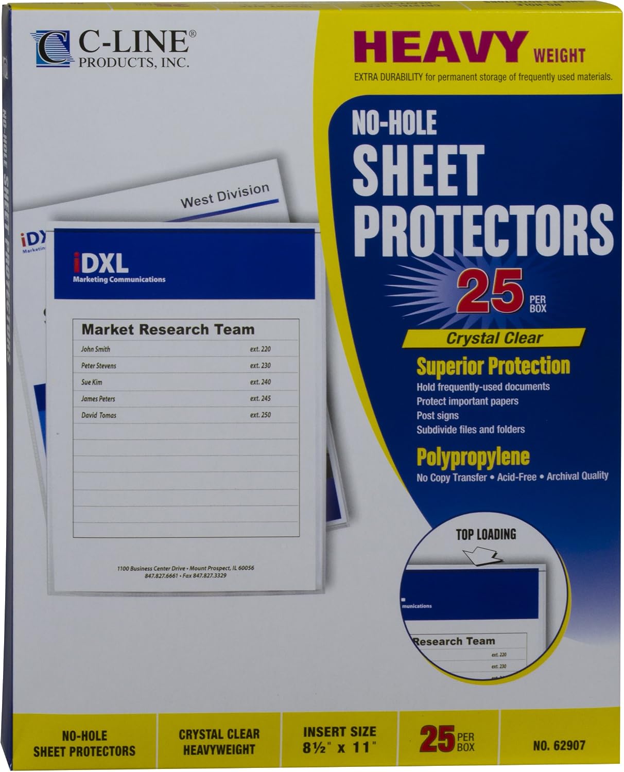 C-Line Top Loading Heavyweight Poly No-Hole Sheet Protectors, 8.5 x 11 Inches, 25 per Box (62907)