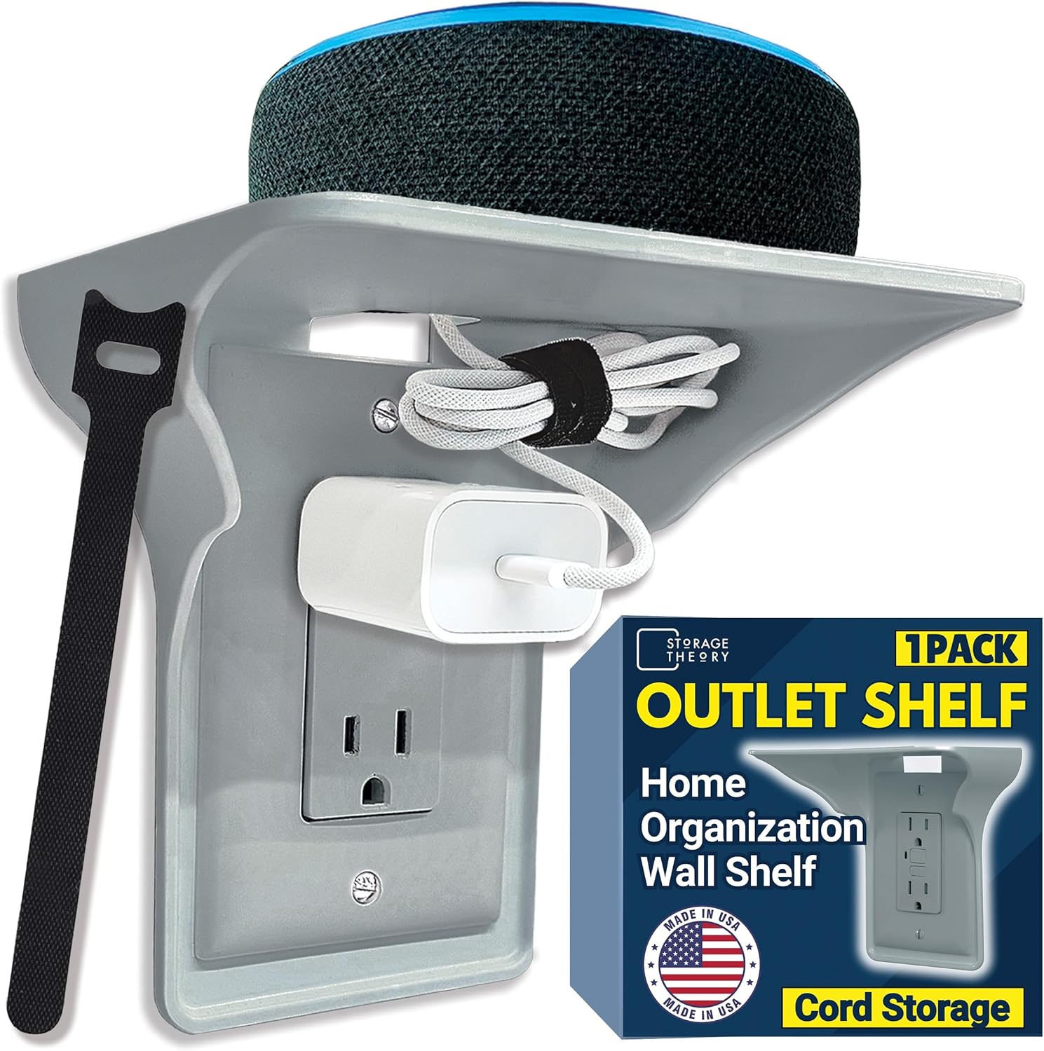 BeraTek Power Perch Wall Outlet Shelf | Declutter & Reclaim Counter Space | Bedroom & Bathroom Organizing Shelves | Alexa Echo Dot Holder, Router Shelf, Holds Electric Toothbrush | Gray, 1-Pack