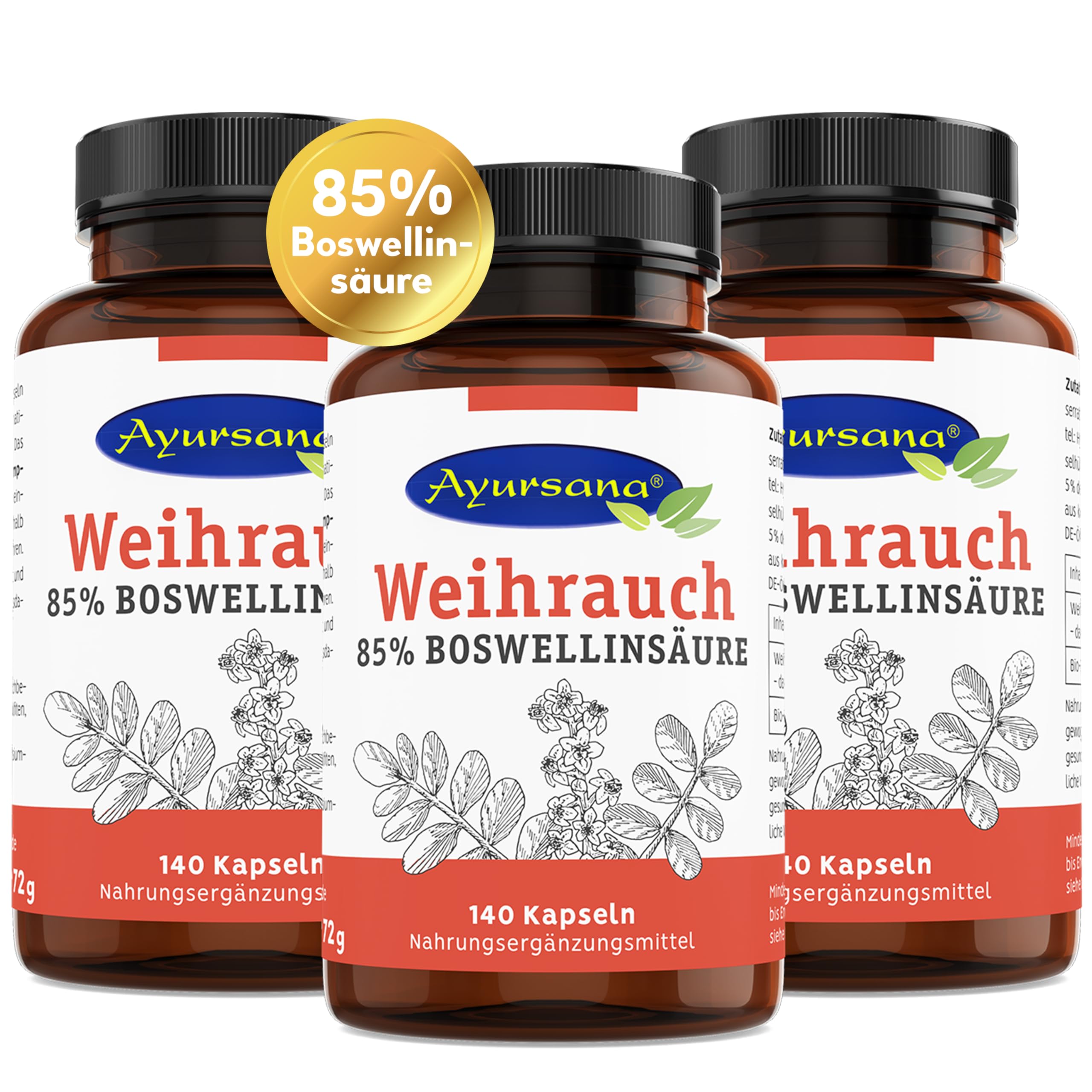 Weihrauch Kapseln (3 x 140 Stück) hochdosiert | Echter indischer Weihrauch mit 85% Boswelliasäuren | 800 mg Weihrauchextrakt je Tagesdosis, davon 660 mg Boswelliasäure | Apothekenqualität