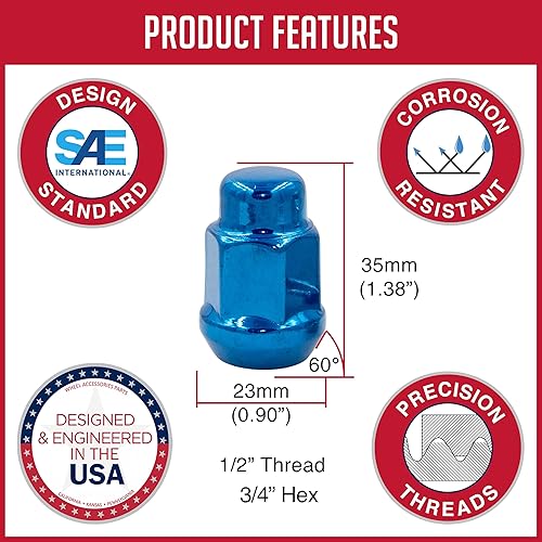 Vista 23 de Wheel Accessories Parts 20 tuercas hexagonales de 1/2"-20 roscas de 1.378 in 1.38" de largo cromadas 13/16" 0.827 in para Ford Mustang Jeep CJ