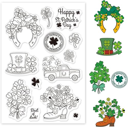 GLOBLELAND Lucky Clover - Sellos transparentes de silicona para el día de San Patricio, sellos transparentes para cumpleaños, tarjetas del día de