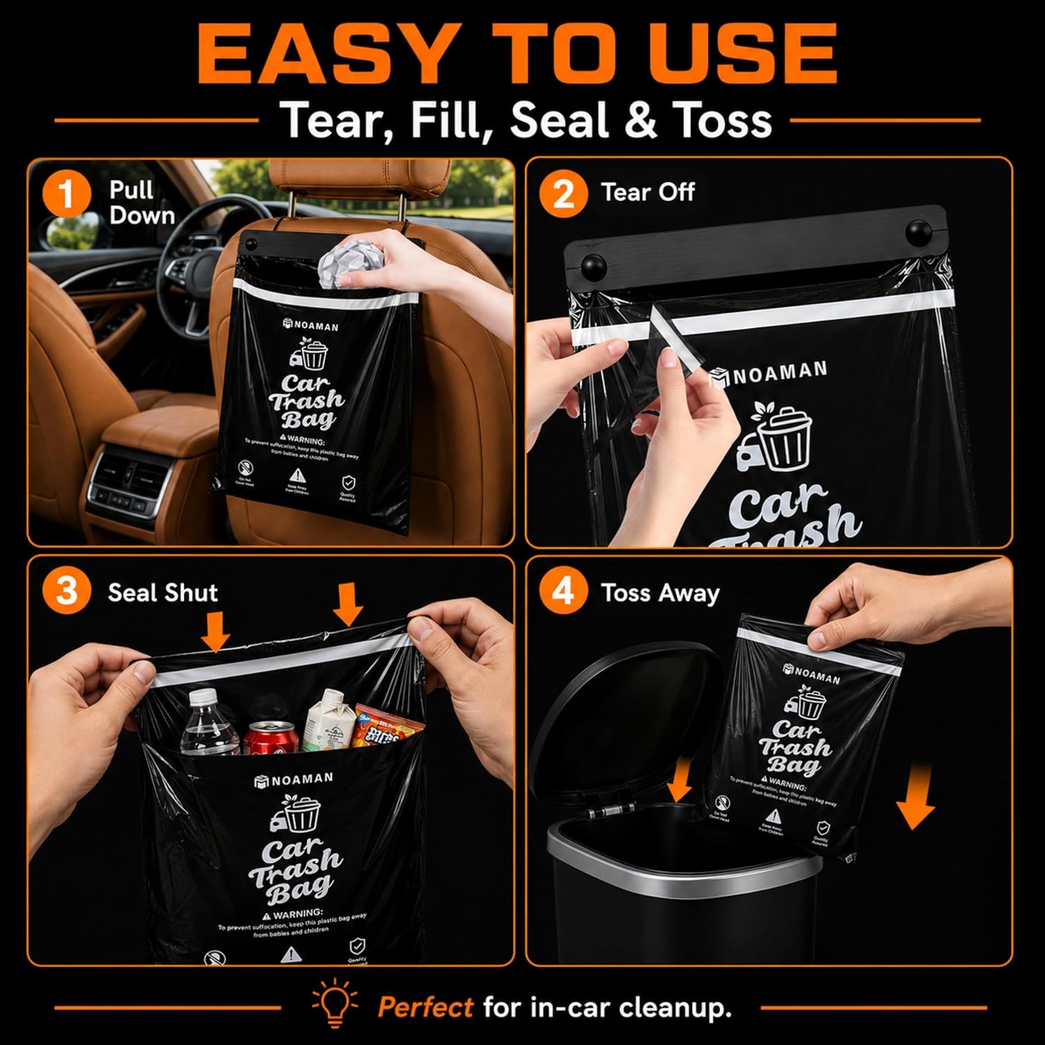 Noaman 50PCS 1 Pack Car Trash Bags, 2.5 Gal Disposable Garbage Bags for Car, SUV, Truck and RV, Leak-Resistant Odor-Control Bags, Stick-On or Headrest Mount, Alternative to Car Trash Can, Black