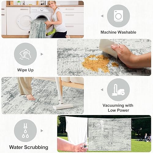 Miniatura 5 de Tapete lavable de 6 x 9 pies, moderno, abstracto, suave, grande, en tono neutro, antideslizante, delgado, resistente a manchas, para interiores,