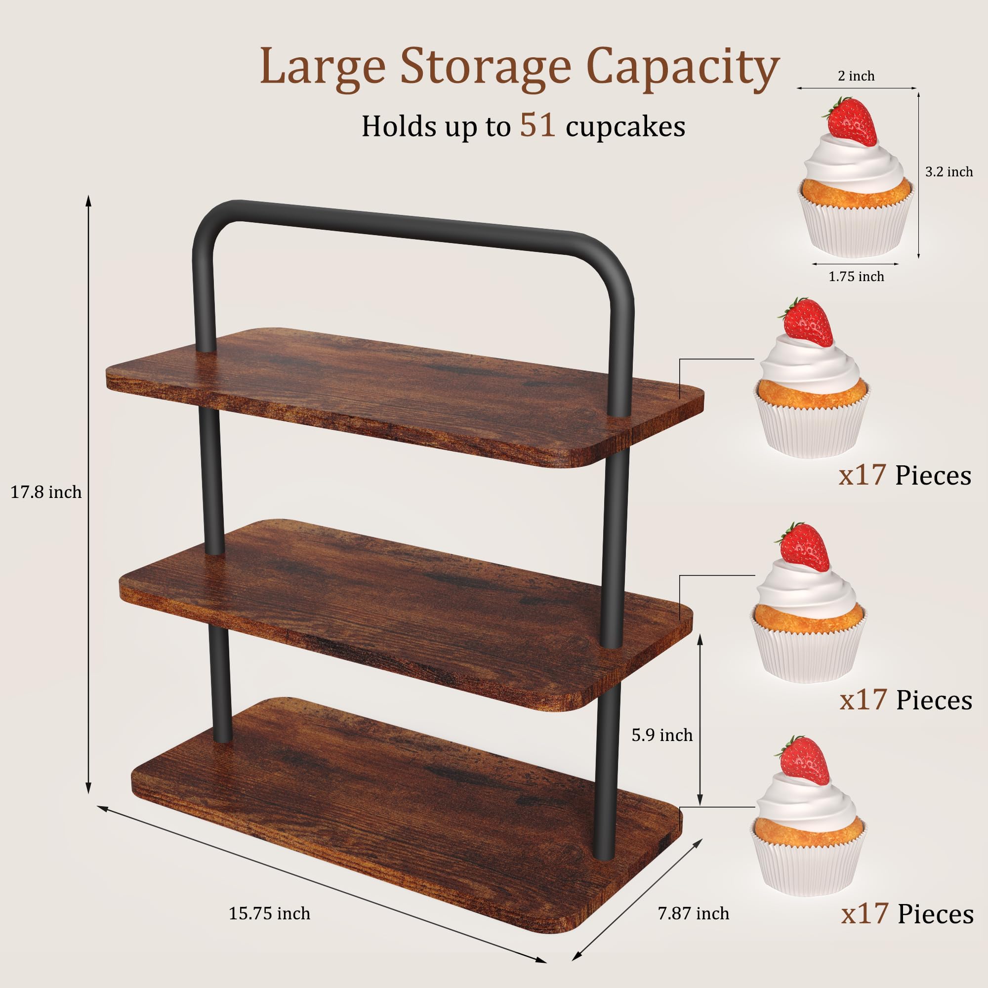 Set di 2 supporti per cupcake per 100 cupcake, set di espositori per tavolo da dessert, supporto per torta per tavolo da dessert, espositore a torre per matrimoni, baby shower, tea party, marrone