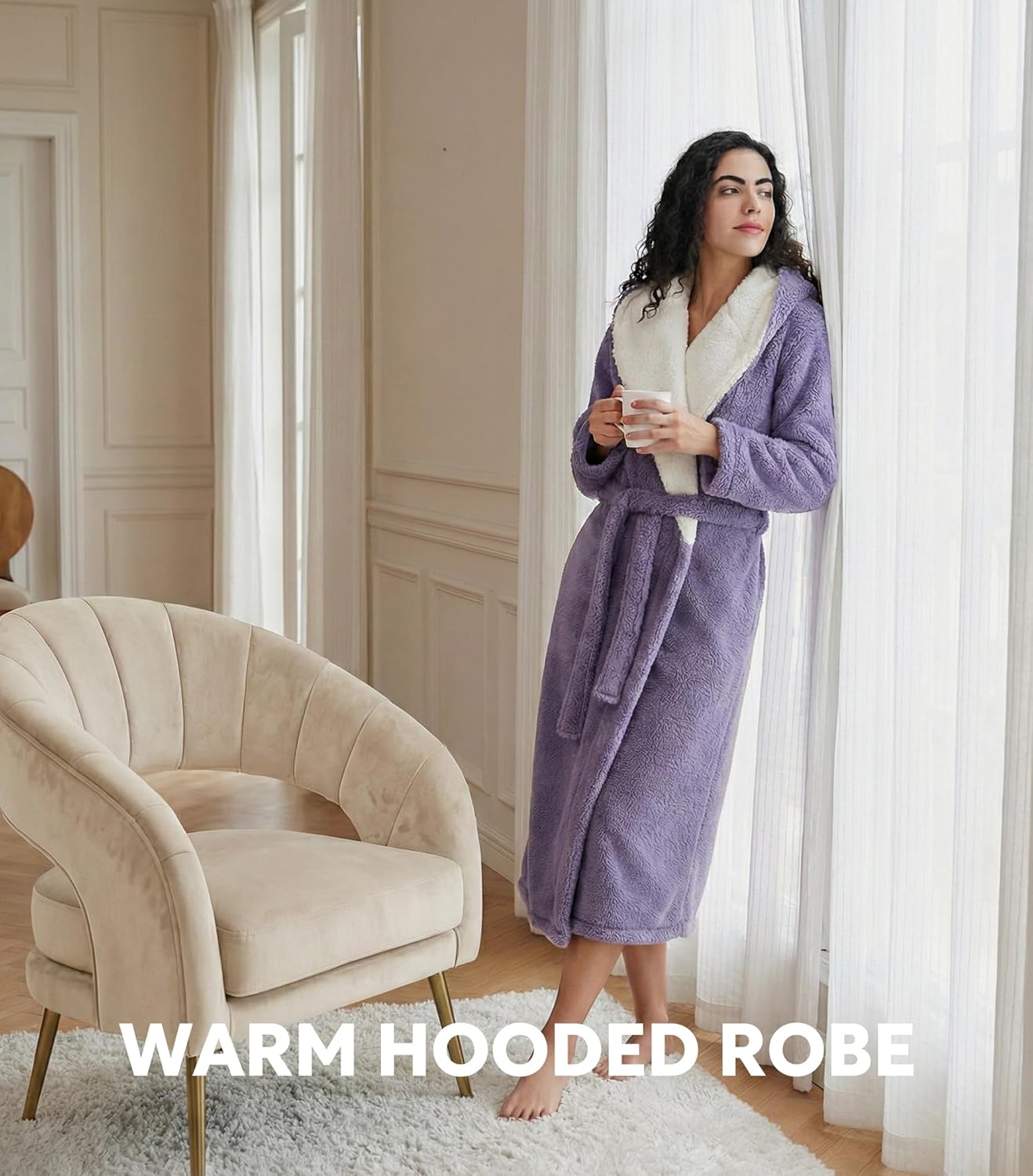 DAVID ARCHY Plush Robes for Women Warm Thick Fleece Fluffy Luxury Cozy Soft Hooded Bathrobe Winter House Full Length - Image 4