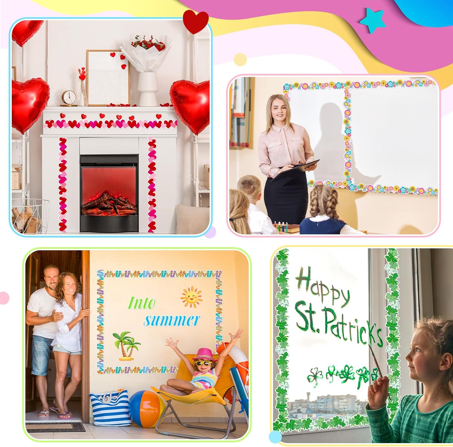 Geyee 12 Rolls 394 ft Holiday Bulletin Board Borders Seasonal Bulletin Board Decorations Summer Beach Trim for School Classroom Wall Decor