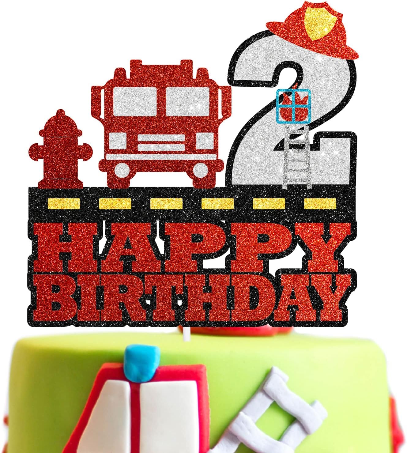 Fireman 2nd Birthday Cake Topper - Fire Theme Party for Boys or Girls, Baby Shower Party Fire Truck Ladder Fire Hydrant Fire Hat Happy Birthday Decorations - SugarGera