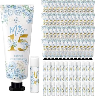 Leelosp 100 Pcs/50 Sets Blue Quinceanera Party Favor Gifts for Guests 15th Thank You Gifts Girl Hand Cream and Lip Balm Sweet 15th Birthday Party Favors for Guests
