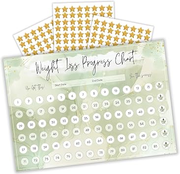 Weight Loss Progress Chart Poster with 88 Gold Star Stickers A4 Size | Watercolour Design | Thick 450gsm Card | Track Every Pound Lost | Wall Chart for Slimming Motivation Green