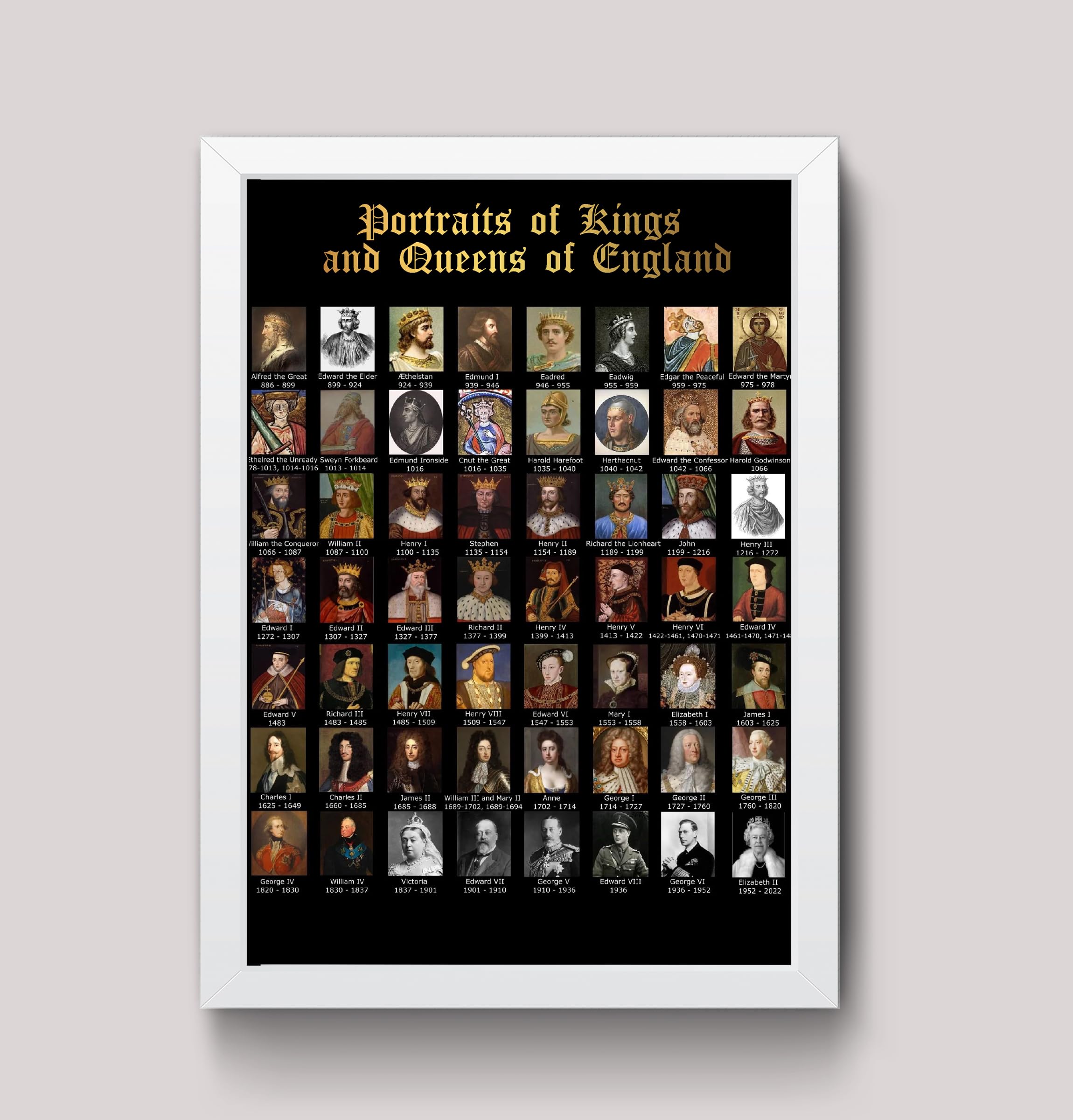 Kings and Queens of England Portraits Gallery Educational Poster Wall Art Print A4 / A3 (A4 Framed - White Frame) — image 1