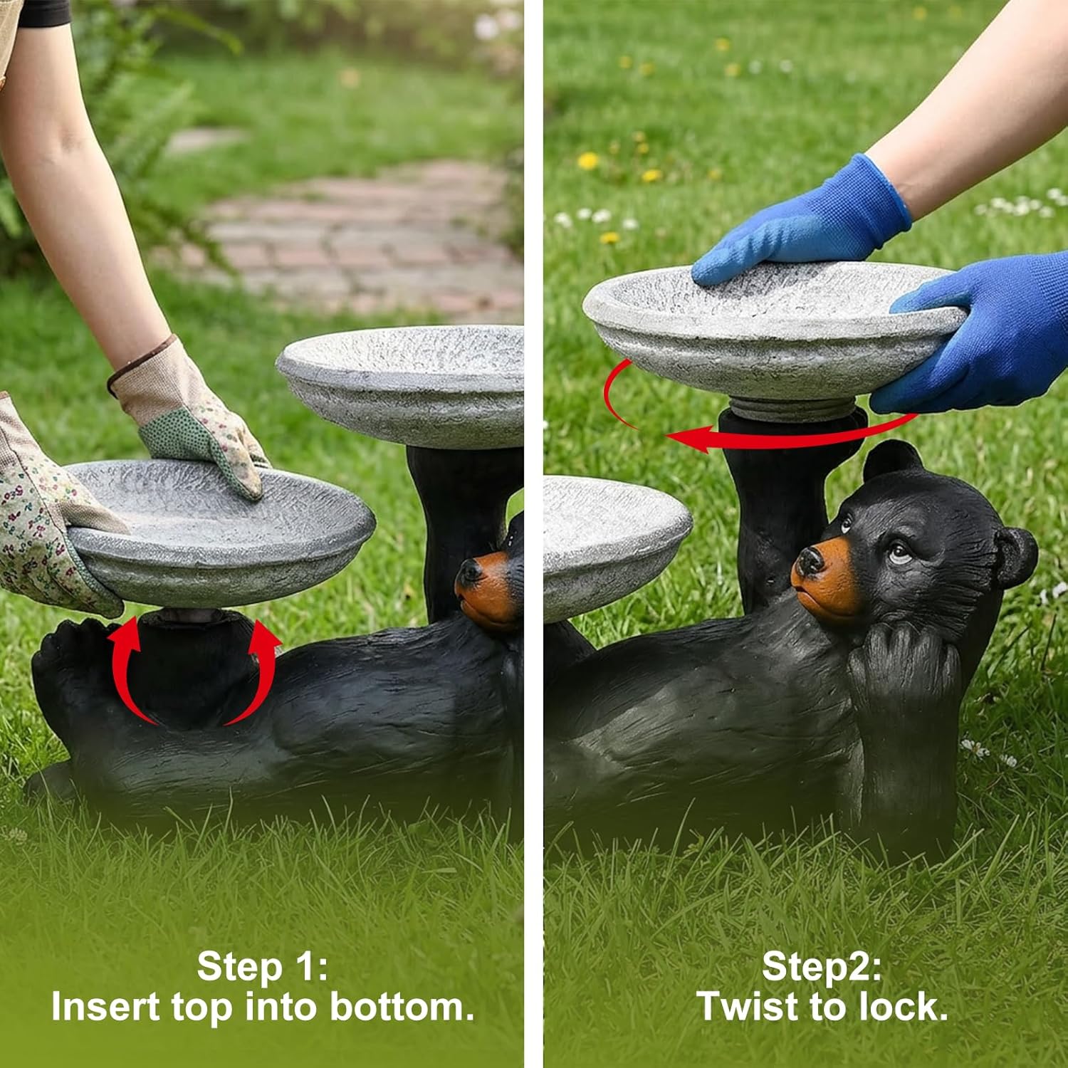 SunJet 18" Fibre Reinforced Concrete Outdoor Birdbath, 2-Tier Black Bear Bird Bath & Bird Feeder, Bird Bath Garden Decor with Dual Basins for Patio, Backyard, Lawn