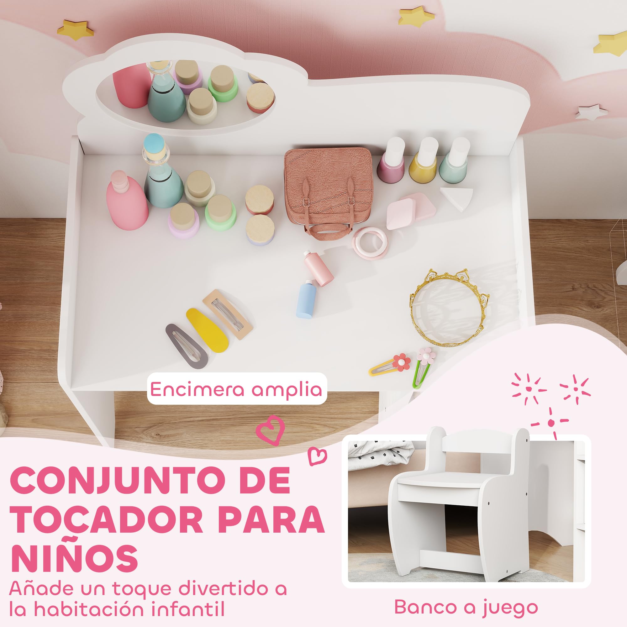 AIYAPLAY Tocador de Maquillaje Niña, 2 en 1, Escritorio, Tocador Infantil con Taburete, Espejo en Forma de Flor, Estantes Abiertos, para Niños +3 Años, Blanco