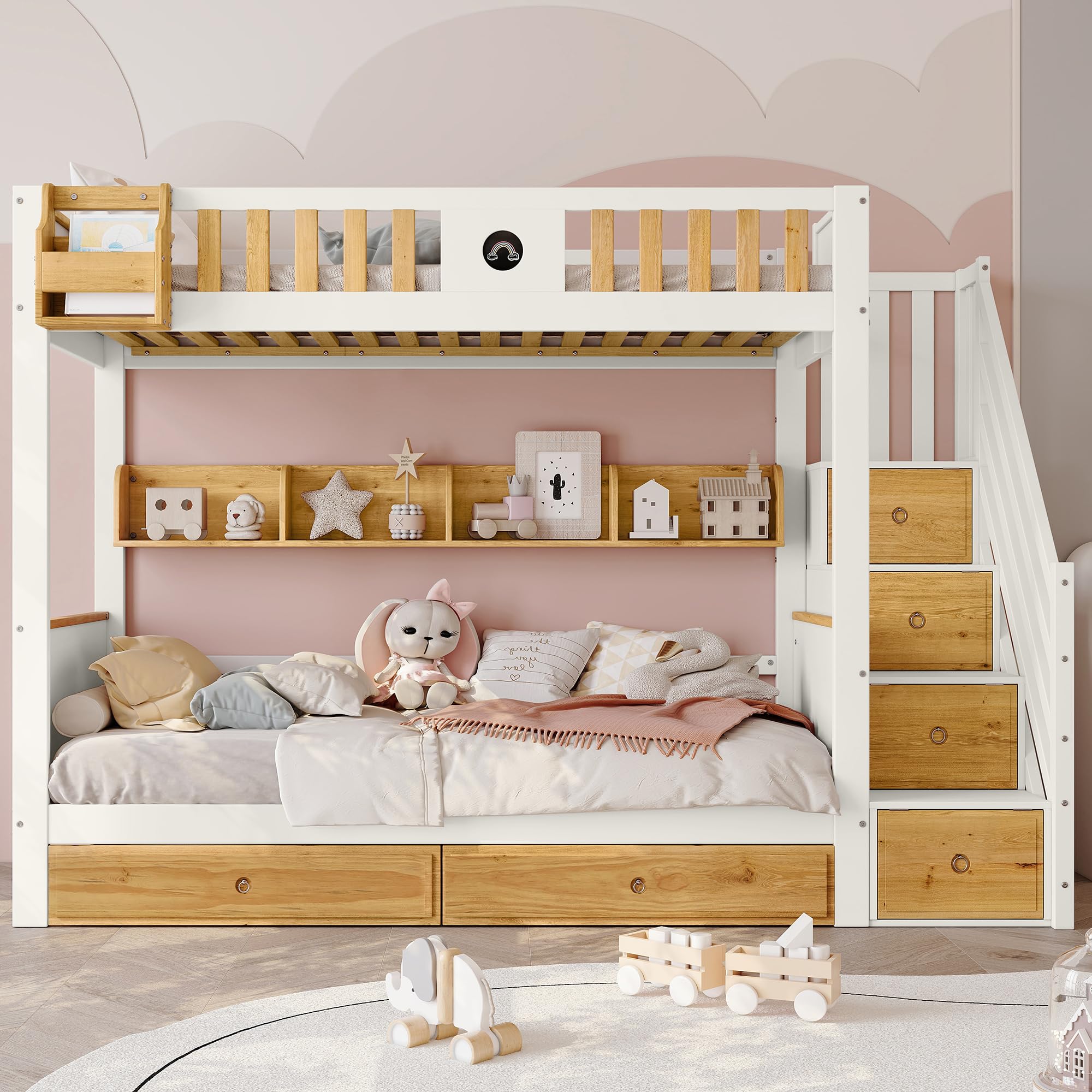 Idemon Letto a castello con scale, lavagna, mensole e scaffali, telaio in legno di pino e MDF, lettino con 4 armadietti nelle scale, con griglia anticaduta e 2 cassetti, bianco+naturale, 90 x 200 cm