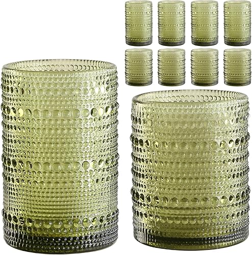 Juego de 8 vasos vintage de hobnail para beber, color verde, vasos altos de 12 onzas y 15 onzas, vasos de cocina, vaso de agua en relieve, para