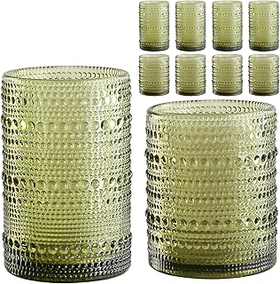 Vintage Hobnail Drinking Glasses Set of 8,Green 12 oz & 15oz Highball Glass Cups, Kitchen Drinkware Glassware,Embossed Water Tumbler,for Beer,Cocktail,Whiskey,Juice and Various Mixed Drinks