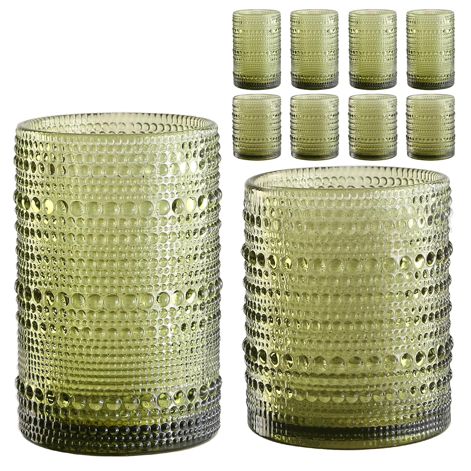 ZMOWIPDL Vintage Hobnail Drinking Glasses Set of 8 Green 12 oz 15oz Highball Glass Cups Kitchen Drinkware Glassware