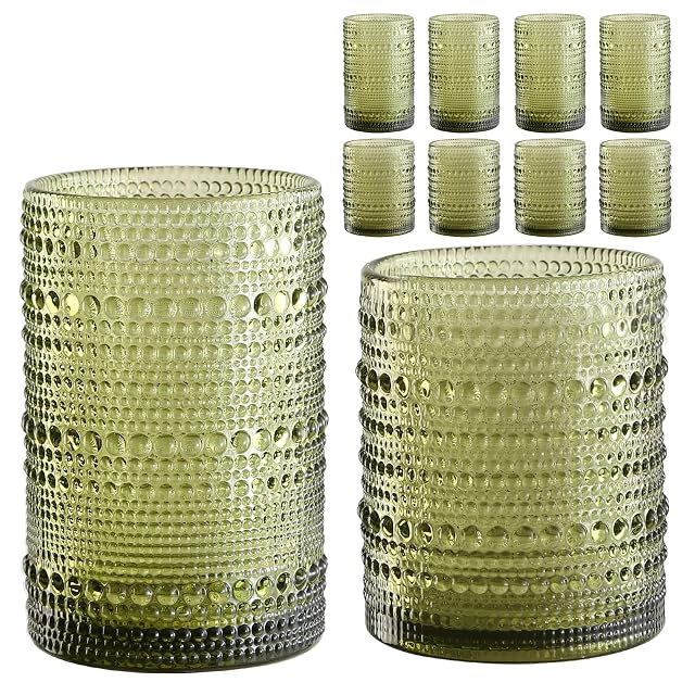 ZMOWIPDL Vintage Hobnail Drinking Glasses Set of 8 Green 12 oz 15oz Highball Glass Cups Kitchen Drinkware Glassware