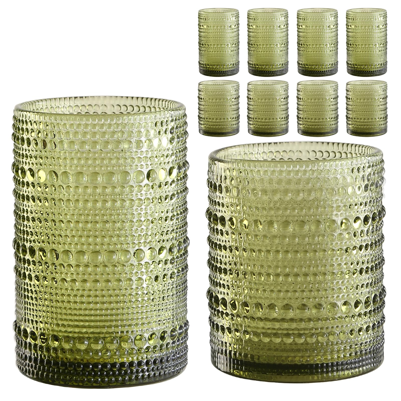ZMOWIPDL Vintage Hobnail Drinking Glasses Set of 8 Green 12 oz 15oz Highball Glass Cups Kitchen Drinkware Glassware