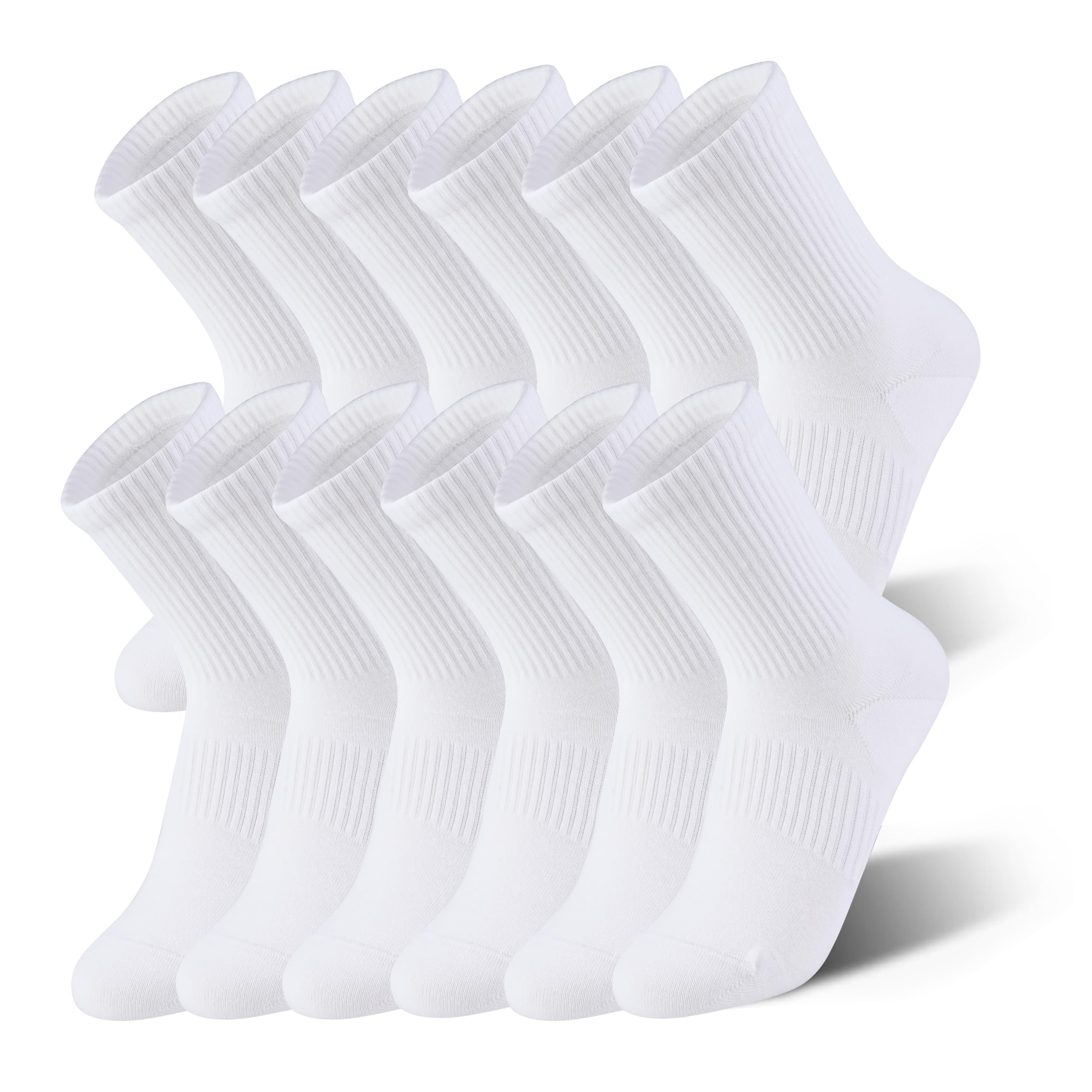 Athletic Running Socks with Arch Compression, Cotton Cushioned Crew Socks for a Secure Fit, White & Black