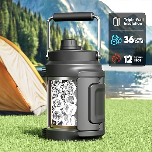 Miniatura 2 de Botella de Agua Aislada de 64 oz para Hombres Meoky Jarra de Agua de Medio Galón de Acero Inoxidable al Vacío de Triple Pared - Asas Superior y