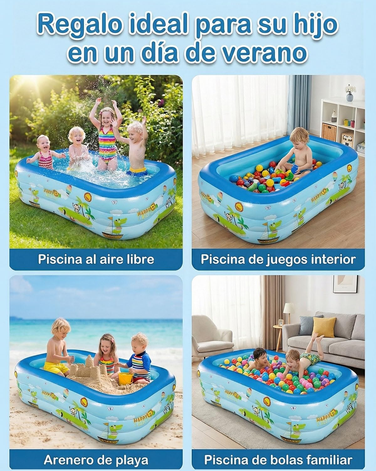 Piscinas Hinchables para Jardín y Patio, Piscina Rectangular de PVC de 3 Capas 210 x 135 x 60 cm, Gran Espacio para Verano y Tiempo Libre, Piscina Hinchable de Uso Familiar
